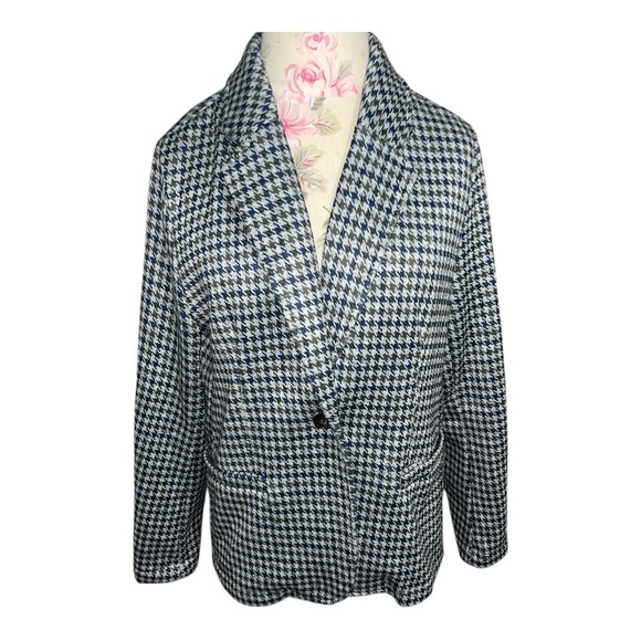 Lands' End Green and Blue Houndstooth Blazer Classic Notched Lapel - Picture 3 of 13